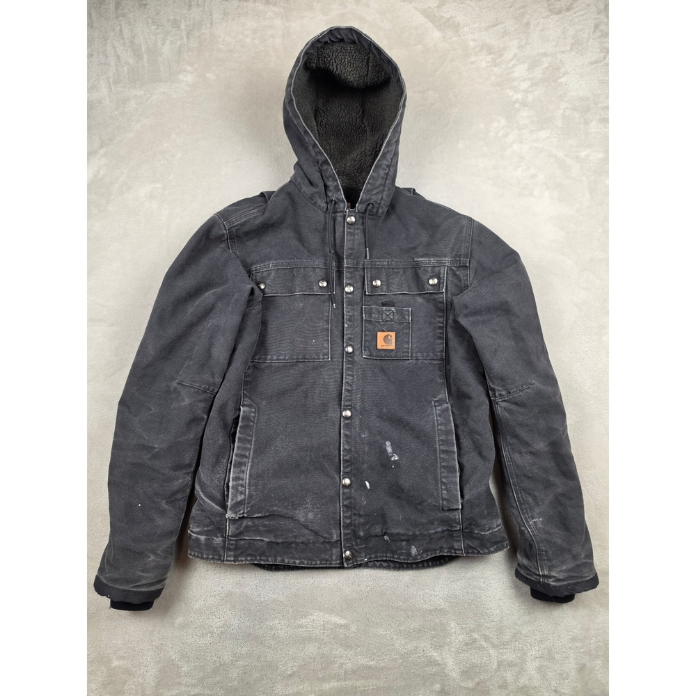 Carhartt J284 Canvas Jacket Mens S Black Sherpa Lined Snap Distressed Workwear